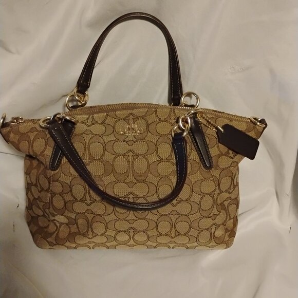 Coach Khaki Brown Kelsey Signature Jacquard Small Satchel Crossbody Bag No Strap - Picture 1 of 11